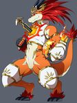  2017 anthro armor bottomless character_request clothed clothing crouching featureless_crotch fire grey_background har_oh impalement male orange_body pose red_eyes reptile restricted_palette scalie simple_background solo 春緒 