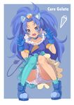  :d animal_ears blue_background blue_eyes blue_footwear blue_gloves blue_hair blue_legwear blue_neckwear blue_shirt blue_skirt character_name choker crown cure_gelato earrings extra_ears food full_body gloves ice_cream jewelry kirakira_precure_a_la_mode lion_ears lion_tail long_hair looking_at_viewer magical_girl mini_crown open_mouth petticoat precure shirt shoes simple_background single_thighhigh skirt smile solo squatting tail tategami_aoi thighhighs yu_ni_t 
