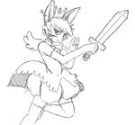  akunim anthro armwear clothed clothing crossdressing crown dress elbow_gloves frown fur gloves jalak latchkey_kingdom leggings legwear magical_girl_outfit male melee_weapon monochrome nu-ray simple_background solo striped_fur stripes sword weapon white_background yuman 