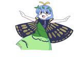  blue_hair butterfly_wings dress eternity_larva green_dress itatatata leaf leaf_on_head smile solo touhou wings 