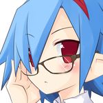  bespectacled black-framed_eyewear blue_hair close-up closed_mouth disgaea expressionless eyebrows_visible_through_hair face glasses highres iwasi-r looking_at_viewer pleinair pointy_ears red_eyes short_hair solo very_short_hair white_background 