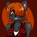  anthro brown_eye canine checkered_shirt clothing crossgender datfurrydude eye_over_hair hair looking_at_viewer mammal orange_hair sharp_teeth simple_background smile solo teeth white_shirt wolf 