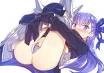  armor armored_boots ass blue_eyes blue_ribbon blush boots crotch_plate embarrassed fate/extra fate/extra_ccc fate_(series) full-face_blush hair_ribbon leg_hug long_hair looking_at_viewer meltlilith open_mouth purple_hair racer_(magnet) revealing_clothes ribbon simple_background solo sweat thighhighs very_long_hair white_background 