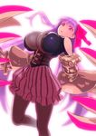  bangs bare_shoulders black_legwear bloom breasts claws commentary_request cowboy_shot fate/extra fate/extra_ccc fate/grand_order fate_(series) hair_ribbon highres huge_breasts long_hair looking_at_viewer o-ring o-ring_top pantyhose parted_lips passion_lip purple_eyes purple_hair red_ribbon ribbon shorts skin_tight solo striped striped_shorts very_long_hair yuuji_(and) 