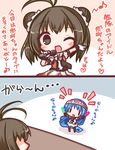  2koma blue_hair blush brown_eyes brown_hair chibi comic commentary_request holding holding_microphone kantai_collection komakoma_(magicaltale) long_hair microphone multiple_girls naka_(kantai_collection) one_eye_closed samidare_(kantai_collection) translation_request 