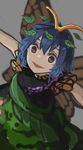  akaiha_(akaihasugk) blue_hair butterfly_wings dark dress eternity_larva green_dress highres leaf smile solo touhou wings 