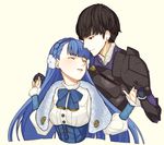  1girl armor berkut_(fire_emblem) black_armor blue_hair bow bowtie braid brown_eyes brown_hair closed_eyes crown_braid fire_emblem fire_emblem_echoes:_mou_hitori_no_eiyuuou flower fur_trim gloves hair_flower hair_ornament hetero linea_(fire_emblem) open_mouth portrait simple_background tao_(tao1805) yellow_background 