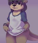  anthro black_hair black_nose bottomless brown_fur bulge clothed clothing fur hair looking_at_viewer male mammal mustelid otter shinsuke simple_background solo standing tongue tongue_out 