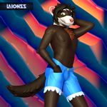  2017 3d_(artwork) anthro clothed clothing digital_media_(artwork) ferret fur hair laionss looking_at_viewer male mammal mustelid nipples shorts smile solo standing teeth 