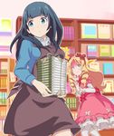  2girls :&gt; apron black_hair blonde_hair blue_eyes blue_shirt blush book_stack bow breast_envy breast_rest breasts brown_eyes closed_mouth collared_shirt dress drill_hair eromanga_sensei eyebrows_visible_through_hair frilled_sleeves frills hair_ribbon indoors lolita_fashion long_hair long_sleeves looking_at_another looking_away m-shi medium_breasts multiple_girls pink_dress puffy_short_sleeves puffy_sleeves red_bow red_ribbon ribbon shaded_face shirt short_sleeves smile takasago_tomoe white_legwear wing_collar yamada_elf 