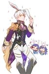  2boys absurdres animal_ears blood blue_hair blush bunny_ears bunny_tail chibi father_and_daughter fire_emblem fire_emblem:_kakusei fire_emblem_heroes formal gloves highres krom long_hair lucina male_focus male_my_unit_(fire_emblem:_kakusei) multiple_boys my_unit_(fire_emblem:_kakusei) necktie nosebleed short_hair smile suit tail white_background white_hair yellow_eyes 