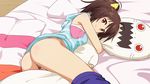  1girl ass bed blush bottomless brown_hair frame_arms_girl gennai_ao hou_(hachiyou) no_panties pussy red_eyes smile solo 