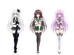  black_legwear boots breasts brown_eyes brown_hair dark_persona gauntlets green_eyes green_skirt hair_ornament kantai_collection kisaragi_(kantai_collection) leotard long_hair medium_breasts midriff miniskirt multiple_girls neckerchief pleated_skirt purple_eyes ribbon school_uniform serafuku shinkaisei-kan shirt short_sleeves skirt sogegin thigh_boots thighhighs white_background white_shirt yellow_eyes zettai_ryouiki 