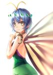  antennae backless_dress backless_outfit bangs blue_hair blush butterfly_wings closed_mouth commentary_request dress eternity_larva from_side green_dress hair_ornament index_finger_raised koissa leaf_hair_ornament looking_at_viewer looking_to_the_side short_hair smile solo touhou upper_body wings yellow_eyes yellow_wings 