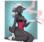  anthro bottomless breasts caprine clothed clothing collar female kneeling looking_at_viewer mammal nipples open_mouth richarddeus sheep smoke solo 