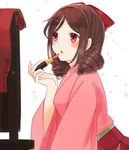  applying_makeup bow brown_hair drill_hair hair_bow hakama harukaze_(kantai_collection) holding japanese_clothes kantai_collection kimono lipstick lipstick_tube long_hair makeup meiji_schoolgirl_uniform mirror pink_kimono red_bow red_eyes red_hakama simple_background solo twin_drills upper_body white_background yamashiki_(orca_buteo) 