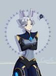  1girl :&lt; animal_ears blue_eyes breasts bunny_ears camille camille_(league_of_legends) cyborg elbow_gloves gloves league_of_legends white_hair 