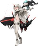  abyssal_patrolling_attack_hawk ankle_cuffs bad_anatomy bangs barefoot black_nails blush broken cannon collar enemy_aircraft_(kantai_collection) escort_hime flat_chest full_body horn kantai_collection long_hair nail_polish navel no_pants official_art open_clothes open_mouth open_shirt outstretched_arm red_eyes red_skin revealing_clothes shibafu_(glock23) shinkaisei-kan shirt transparent_background white_hair white_skin 