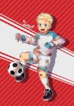  1boy absurdres ball bandaid bandaid_on_nose blonde_hair blue_eyes blush dirty_clothes dirty_face eyebrows gloves highres looking_at_viewer male_focus open_mouth original shorts smile soccer soccer_ball soccer_uniform solo sportswear telstar zxanzai 