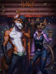  anthro canine clothed clothing duo feline female fox knife looking_at_viewer male mammal muscular richarddeus scar smile standing tongue tongue_out 