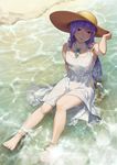  black_light dress hat highres jewelry long_hair looking_at_viewer monster_strike ocean pendant purple_eyes purple_hair see-through sitting solo straw_hat water wet wet_clothes 