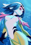  air_bubble blue_hair blue_submarine_no_6 breasts bubble highres monster_girl multicolored multicolored_skin mutio nipples nude pointy_ears red_eyes small_breasts solo submerged therianthrope two-tone_skin typo_(requiemdusk) underwater white_skin yellow_skin 