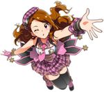  ;o akizuki_ritchan badge bare_shoulders beret black_legwear blurry blush breasts brown_hair collar commentary_request depth_of_field fingerless_gloves floating_hair full_body gloves hat highres idolmaster idolmaster_(classic) idolmaster_platinum_stars jewelry jumping long_hair looking_at_viewer minase_iori necklace necktie one_eye_closed open_mouth outstretched_arm pink_eyes pink_footwear pink_gloves pink_hair pink_neckwear pink_skirt plaid plaid_collar plaid_hat plaid_skirt reaching shoes simple_background single_glove skirt small_breasts solo sparkle star strapless thighhighs tubetop underbust white_background wing_collar zettai_ryouiki 