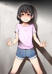  1girl black_hair blush brown_hair child clenched_teeth collarbone denim denim_shorts female flat_chest j7w looking_at_viewer original scared shirt short_hair short_sleeves shorts solo standing sweat t-shirt teeth 