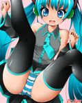  aqua_hair bare_shoulders blue_eyes detached_sleeves dr_rex hatsune_miku long_hair necktie open_mouth panties solo striped striped_legwear thighhighs twintails underwear vocaloid 