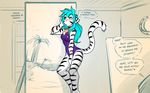  &lt;3 2017 anthro arched_back blue_eyes blue_hair breasts clothed clothing collar collar_of_keidranification collar_tag crossgender dialogue duo english_text feline female fur gender_transformation hair inside keidran mammal one-piece_swimsuit palm_tree pose sketch skimpy solo_focus striped_fur stripes swimsuit text thought_bubble tiger tiger_trace tom_fischbach trace_legacy transformation tree twokinds unamused webcomic withe_fur 