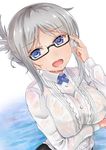  adjusting_eyewear black-framed_eyewear blue_eyes breast_hold breasts folded_ponytail glasses grey_hair highres large_breasts long_hair looking_at_viewer masaki_kazusa open_mouth school_girl_strikers semi-rimless_eyewear solo teacher tierra-sensei under-rim_eyewear water wet wet_clothes 