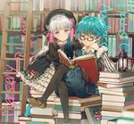  1girl aqua_bow aqua_neckwear black-framed_eyewear black_bow black_pants blue_eyes blue_hair blue_shorts book book_stack bookshelf bow bowtie brown_footwear crossed_legs dangmill eyebrows_visible_through_hair fate/extra fate/extra_ccc fate_(series) food_print glasses gothic_lolita grey_hair hair_bow hans_christian_andersen_(fate) ladder leaning_forward lolita_fashion long_hair long_sleeves looking_down multicolored_bow mushroom_print nursery_rhyme_(fate/extra) open_book pants pantyhose pink_bow purple_eyes quill reading shoes shorts sitting striped striped_bow wing_collar 