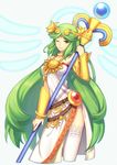  bare_shoulders breasts green_eyes green_hair jewelry kid_icarus kid_icarus_uprising large_breasts long_hair necklace palutena smile solo staff super_smash_bros. thighhighs tiara very_long_hair wusagi2 