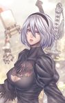  absurdres black_dress black_hairband blue_eyes breasts cleavage_cutout dress hairband highres large_breasts long_hair looking_at_viewer mole mole_under_mouth nier_(series) nier_automata no_blindfold pink_lips silver_hair solo yorha_no._2_type_b zucchini 