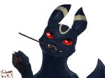  2014 ambiguous_gender black_fur black_nose claws eeveelution feral food fur markings nintendo open_mouth pawpads paws pocky_(food) pok&eacute;mon raven_tir red_eyes simple_background solo teeth umbreon video_games white_background yellow_markings 