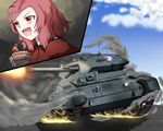  bangs brown_eyes caterpillar_tracks cloud cloudy_sky commentary_request crusader_(tank) day dust_cloud emblem epaulettes firing girls_und_panzer ground_vehicle holding inset jacket kurotora long_sleeves military military_uniform military_vehicle motor_vehicle open_mouth outdoors parted_bangs red_hair red_jacket rosehip short_hair sky smile smoke solo sparks spilling st._gloriana's_(emblem) st._gloriana's_military_uniform tank tea uniform 