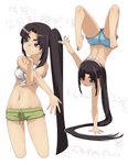  bare_legs barefoot black_hair blue_eyes boyshorts cropped_legs fate/grand_order fate_(series) handstand highres long_hair looking_away midriff multiple_views navel plantar_flexion shimomoto shirt short_shorts shorts side_ponytail simple_background sleeves_rolled_up tied_shirt ushiwakamaru_(fate/grand_order) very_long_hair white_background 