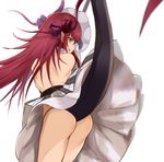  absurdres ass back bare_shoulders black_panties blue_eyes blurry depth_of_field dragon_girl dragon_horns dragon_tail elizabeth_bathory_(fate) elizabeth_bathory_(fate)_(all) fate/extra fate/extra_ccc fate_(series) from_behind high_heels highres horns long_hair looking_at_viewer looking_back panties pointy_ears red_hair simple_background skirt skull smile solo tail underwear white_background yatsuka_(846) 
