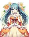  aqua_eyes aqua_hair bow brown_bow cross-laced_clothes dress earrings flower frills hatsune_miku highres jewelry long_hair looking_at_viewer orange_bow orange_dress reimin smile solo standing tiara twintails very_long_hair vocaloid 