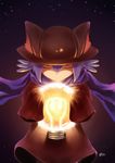  animal_ears animal_hat blue_hair blue_scarf brown_hat cat cat_ears cloak closed_eyes dark_background ears facing_viewer glowing gradient gradient_background hat highres jin_ho_park light_bulb long_sleeves night night_sky niko_(oneshot) oneshot_(game) purple_hair purple_scarf scarf shaded_face sky sleeves_past_wrists solo star_(sky) upper_body 