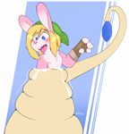  ambiguous_fluids anthro blue_eyes blush clothing fur gloves grimev hair hat humanoid hylian lagomorph like_like link_(rabbit_form) male mammal nintendo open_mouth rabbit rupees signature simple_background the_legend_of_zelda tongue tongue_out video_games vore 