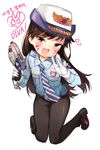  :d alternate_costume animal_print bangs belt black_footwear black_pants blue_shirt breast_pocket brown_eyes brown_hair bunny_print character_name charm_(object) collared_shirt d.va_(overwatch) eyebrows_visible_through_hair facepaint facial_mark female_service_cap finger_on_trigger flat_chest full_body gloves gun handgun heart highres holding holding_gun holding_weapon impossible_necktie kneeling knees_together_feet_apart korean long_hair long_sleeves looking_at_viewer name_tag necktie officer_d.va open_mouth overwatch pants pistol pocket police police_uniform shirt shoes simple_background smile solo striped striped_neckwear swept_bangs takotsu tie_clip translation_request uniform weapon whisker_markings whistle white_background white_gloves 