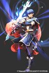  armor blue_eyes blue_hair cape falchion_(fire_emblem) fire_emblem fire_emblem:_monshou_no_nazo fire_emblem_cipher full_body gloves looking_at_viewer male_focus marth official_art simple_background solo sword tiara weapon 