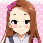  black_vest blush bow brown_hair character_name closed_mouth collared_shirt commentary_request grey_shirt hairband heart idolmaster idolmaster_(classic) long_hair looking_at_viewer maa_(io_215) minase_iori pink_background pink_bow pink_eyes pink_hairband polka_dot polka_dot_background portrait shirt smile solo vest wing_collar 