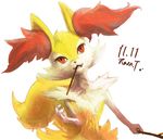  2014 ambiguous_gender anthro black_nose braixen cute_fangs food fur looking_at_viewer nintendo pocky_(food) pok&eacute;mon raven_tir red_eyes red_fur simple_background solo standing stick video_games white_background white_fur wood yellow_fur 