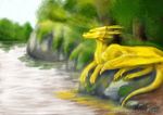  deanosaior detailed_background digital_media_(artwork) dragon feral horn membranous_wings smile solo water wings yellow_eyes 