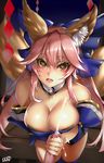  animal_ears banned_artist bare_shoulders black_background breasts cum ejaculation fate_(series) fox_ears fox_tail handjob heart heart-shaped_pupils large_breasts long_hair looking_at_viewer penis pink_hair solo_focus symbol-shaped_pupils tail tamamo_(fate)_(all) tamamo_no_mae_(fate) viola_(seed) 
