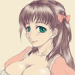  baby_princess beige_background bow breasts brown_hair cleavage commentary_request eyelashes green_eyes hair_bow harukaze_(baby_princess) large_breasts lips long_hair looking_at_viewer marbletetrapod red_bow sketch smile solo two_side_up upper_body 