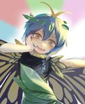  blue_hair blush butterfly_wings eternity_larva hand_on_own_face leaf_clothing looking_at_viewer short_hair solo touhou wings wreath yellow_eyes yellow_wings zeikomi 