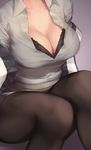  black_bra black_legwear bra breasts cleavage duplicate enosan head_out_of_frame highres kantai_collection lace lace-trimmed_bra large_breasts mutsu_(kantai_collection) sitting solo thighhighs thighs unbuttoned unbuttoned_shirt underwear uniform 